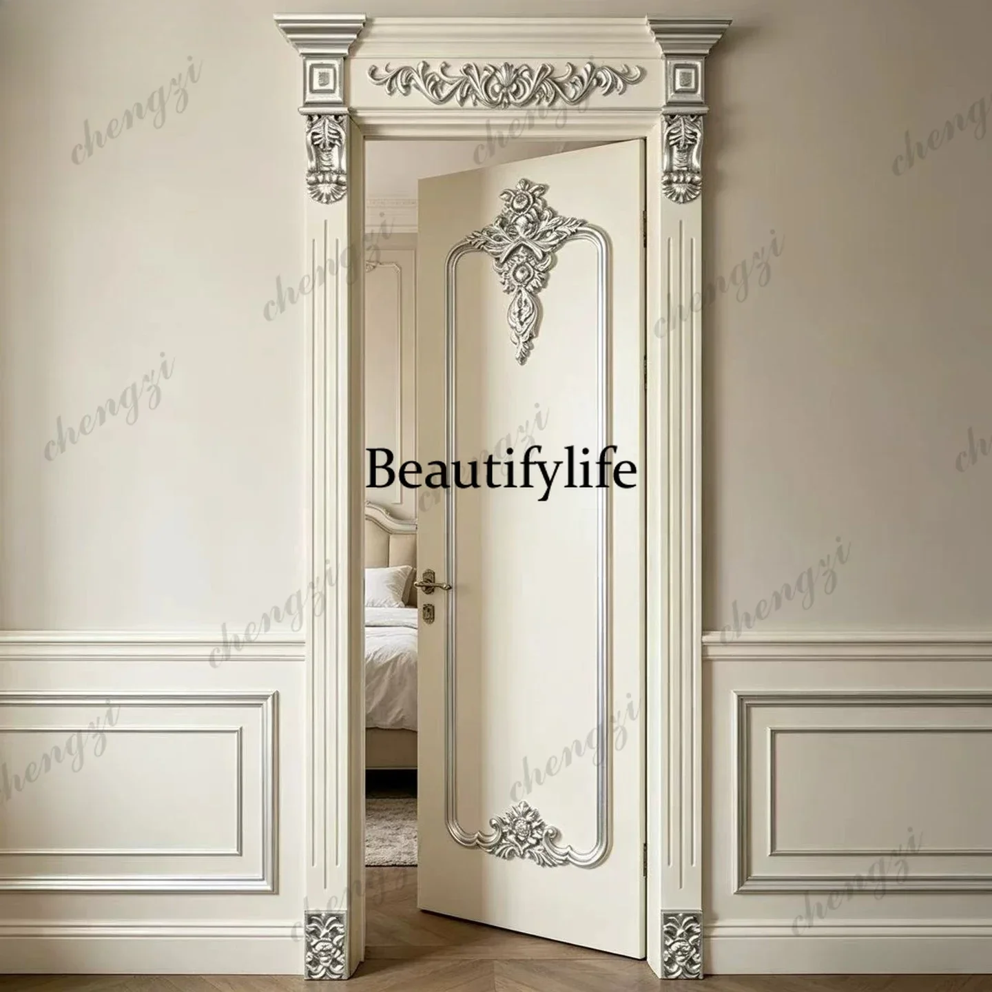 Y136 Y136 Villa carved interior custom white luxury drawing gold silver blue green solid wood multi-layer casement bedroom home