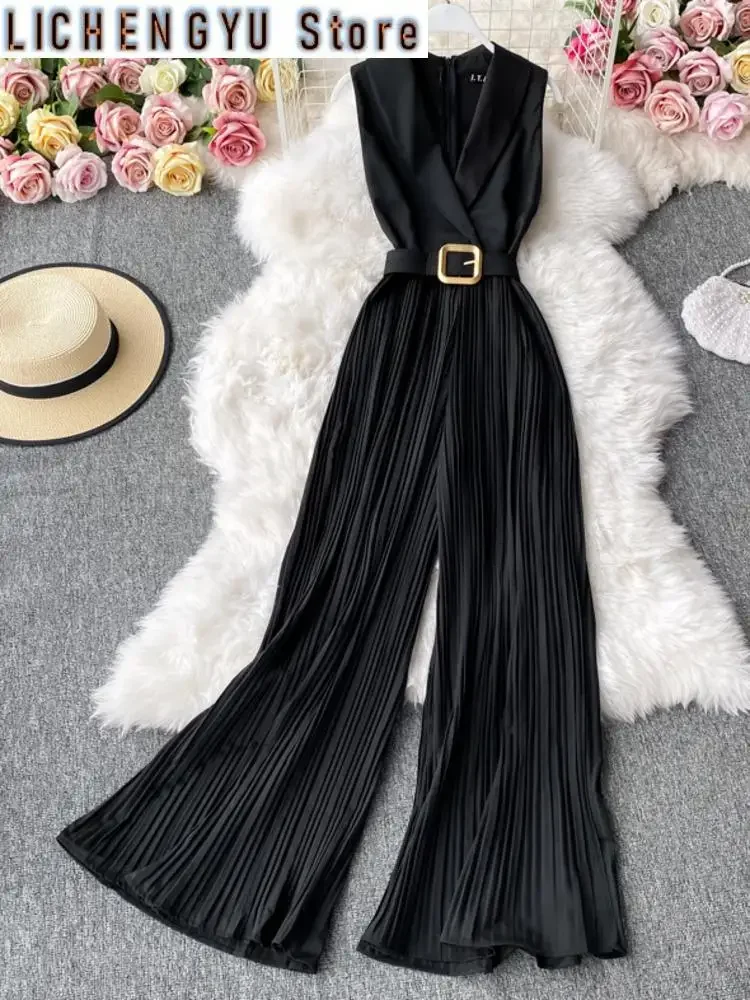 Sweet Women Jumpsuits Pleated High Waist Notched One-piece Fashion Flared Wide Leg Pants Spring Summer