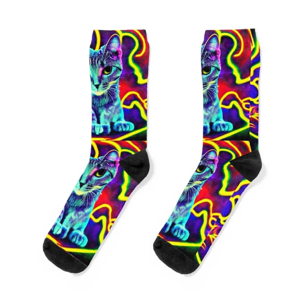 

Munchkin Cat Under Black Light Trippy Neon Design Socks winter thermal sports stockings Argentina hip hop Socks For Girls Men's