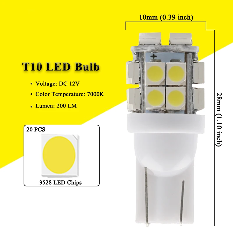 2/6/10 PCS T10 W5W 194 LED Bulbs 12V 2835-20SMD 7000K White Car Interior Dome Reading Door Trunk License Plate Wedge Side Lights