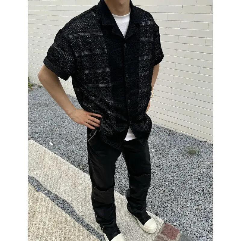 Summer Short Sleeved Shirt Men Fashion Apricot Black Casual Shirt Men Streetwear Korean Loose Hollow Shirt Mens Hawaiian Shirts