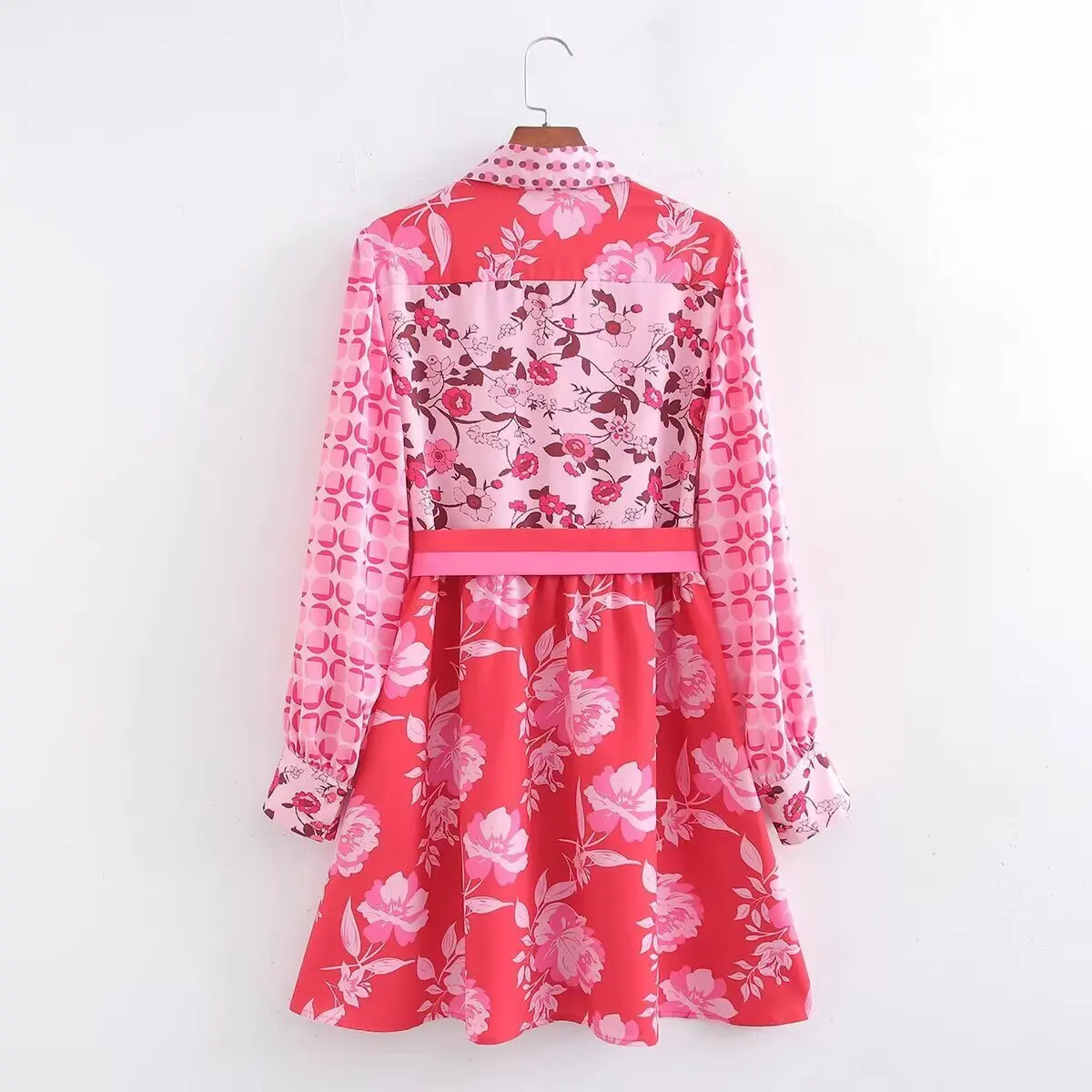 Ele imprimé col ceinturé Dr automne nouveau Sle femmes Faion Design taille haute a-ligne jupe en Fiber de Polyester