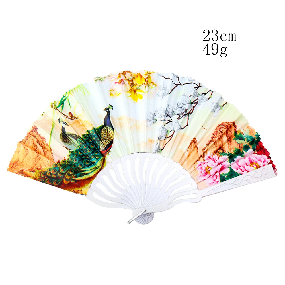 230mm Chinese National Style Coloured Drawing Pattern Peacock Flowers Peony Folding Fan Tai Chi Performance Dance Hand Fan Decor