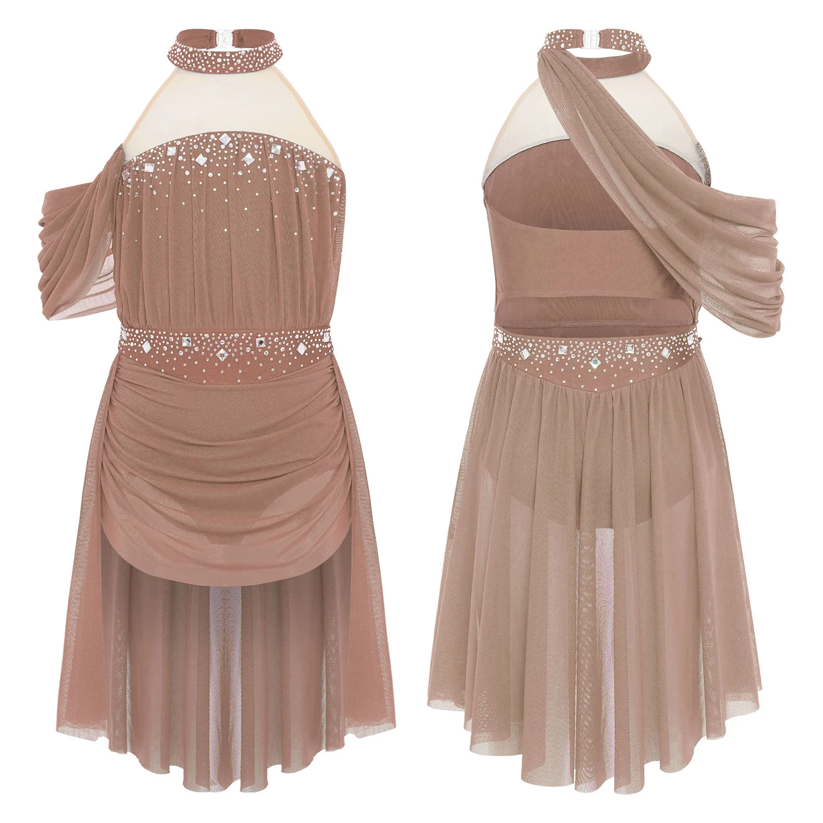 

Girls Ballet Leotard Dress for Lyrical Jazz Latin Dance Stage Costume Rhinestones Ruched Mesh Figure Skating Dress Dancewear