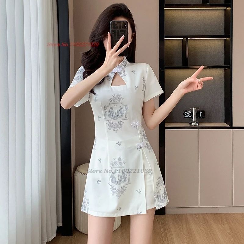 2025 national flower print qipao dress+shorts improved cheongsam dress qipao banquet dress hotel spa work dress beauty uniform