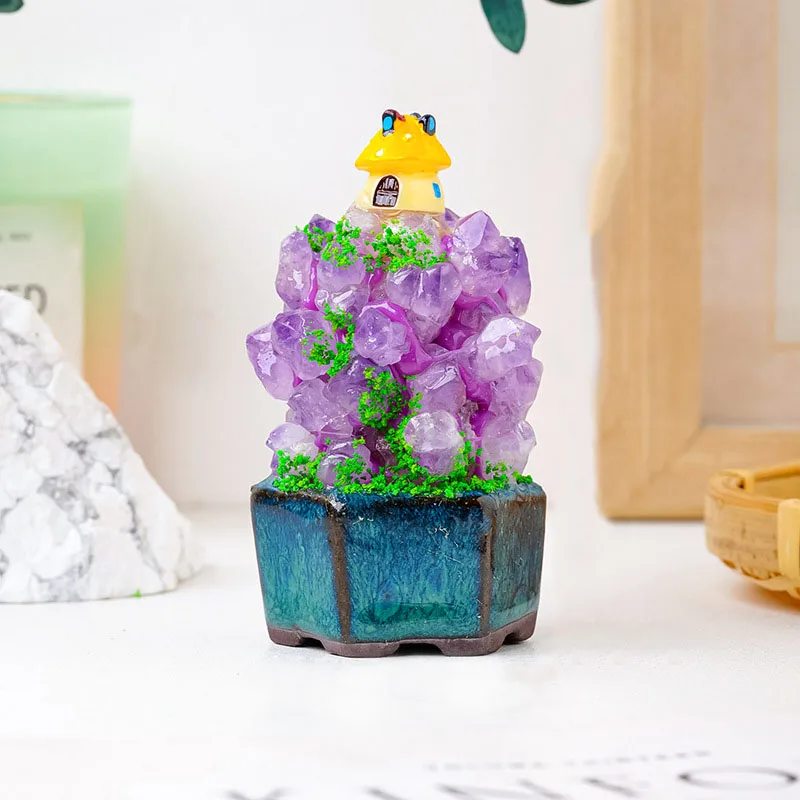 Natural Amethyst Cluster Flowerpot Castle Garden Decor Handmade Crystal Plant Ornaments Home Decor Reiki Healing Halloween Stone