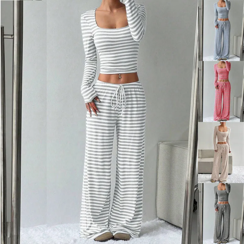 

Women's Striped two Piece Outfit Square Neck Long Sleeve Crop Top Wide Leg Pants Loungewear Set