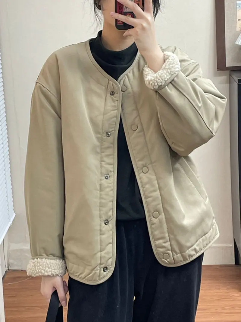 Fashionable and Versatile Lamb Wool Jacket for Women in Winter with Thick Cotton Padded Coat and Loose Cardigan Top
