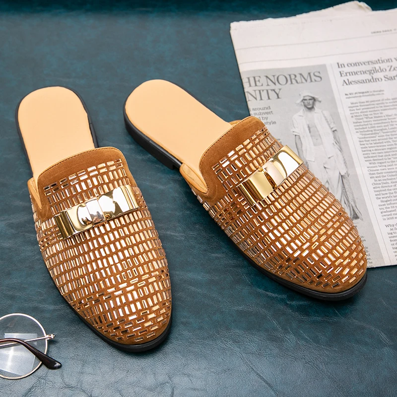 

Men Half Slipper Shoes for Men Rhinestone Luxury Half Slippers Loafers Fashion Zapatillas Hombre Casual Shoes Nightclub Shoes