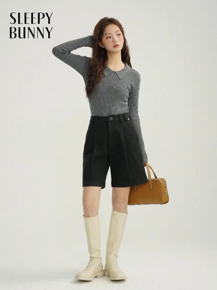 

Women Elegant Warm High Waist Wool-like Shorts Straight Leg Pants Autumn Winter Casual Versatile Trousers Office Fashion Outfit