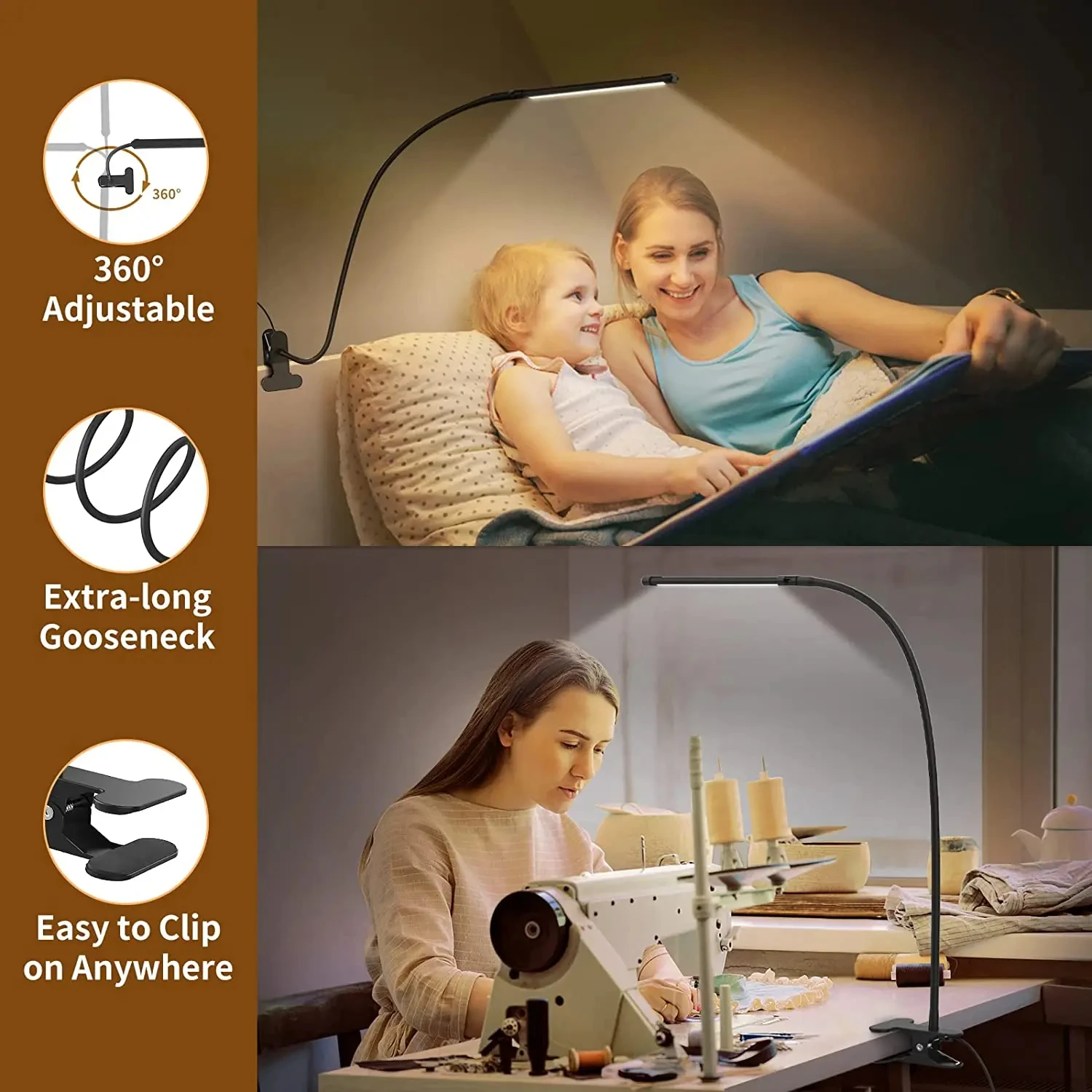 LED Desk Lamp With Clamp Reading Light Dimmable 10 Brightness 3 Lighting Modes 360° Flexible For Study Table Lamp Eye Protect