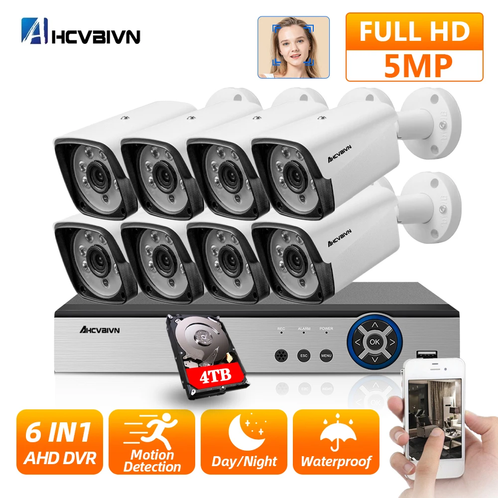 H.265 8CH DVR Kit Home Security Surveillance Alarm System 5MP 8CH CCTV Outdoor Waterpfoof Motion Face Detection AHD Camera Set