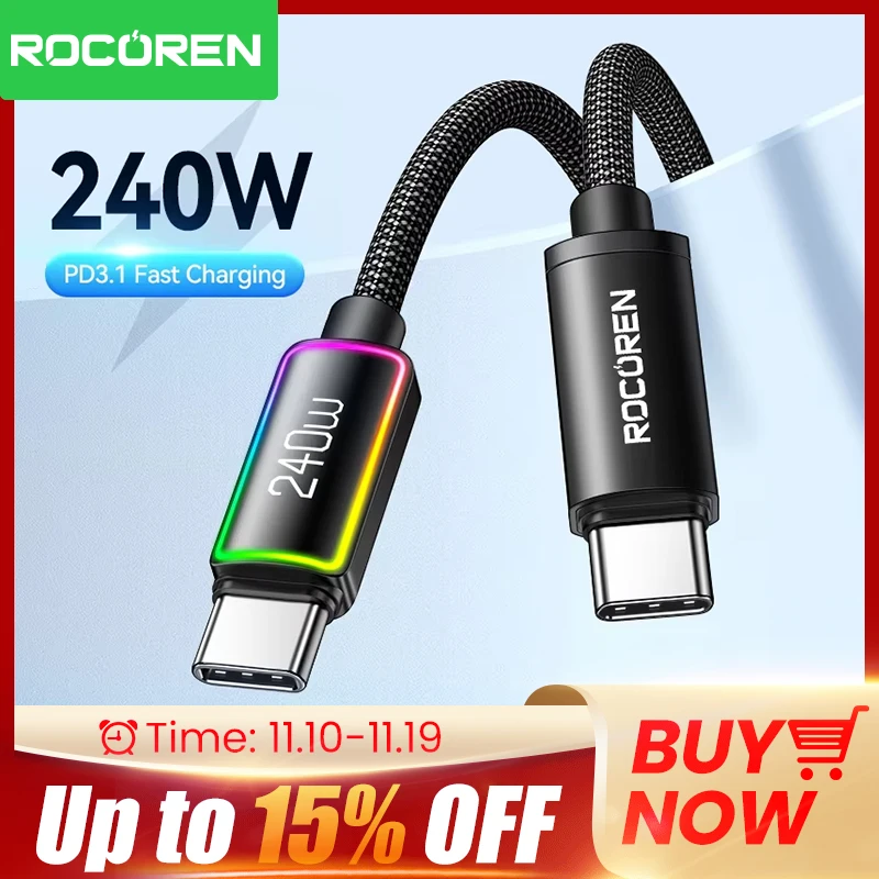 Rocoren 240W 5A High Power Fast Charging Type C Cable 100W PD 3.1 USB C Quick Charging Date Cord For iPhone Samsung Laptop iPad