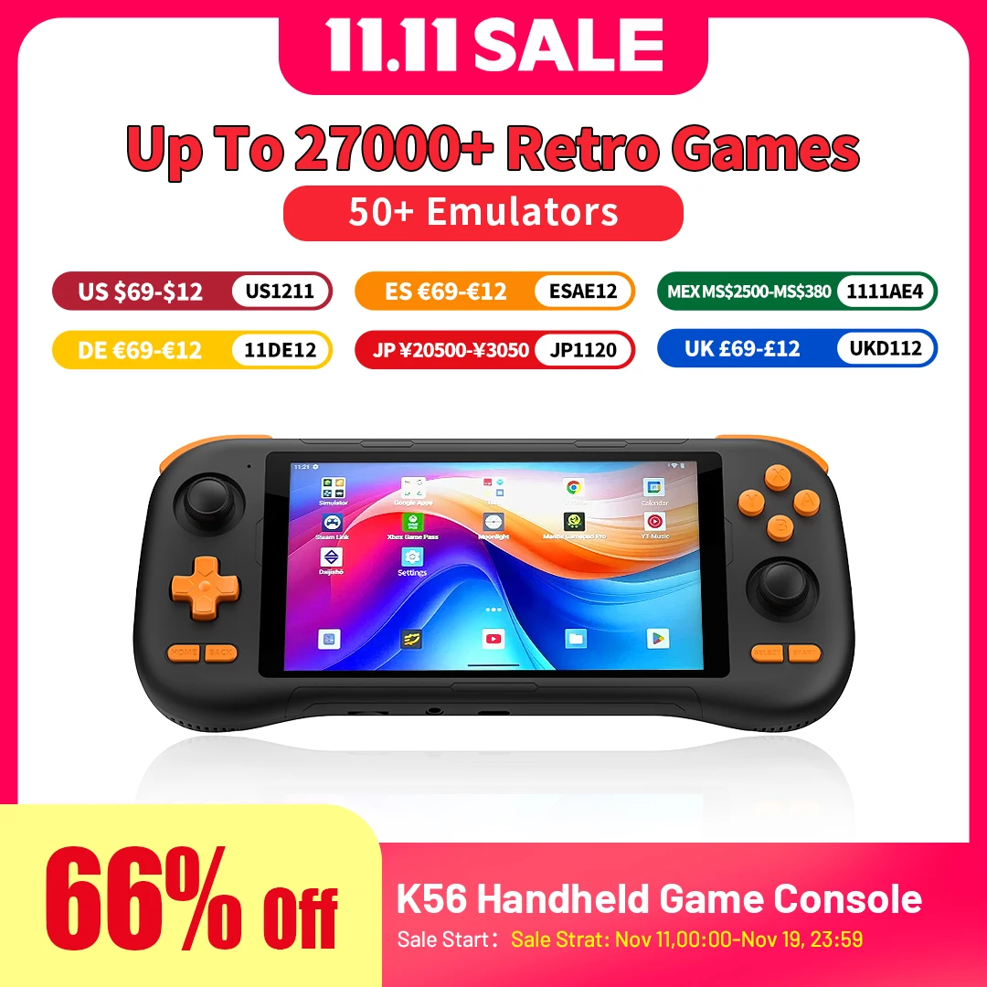 Портативная игровая консоль K56, 5,5-дюймовый сенсорный экран IPS с 50 эмуляторами до 27 000+ ретро-игр для DC/MAME/SS/Arcade/3DS/PSX/PSP