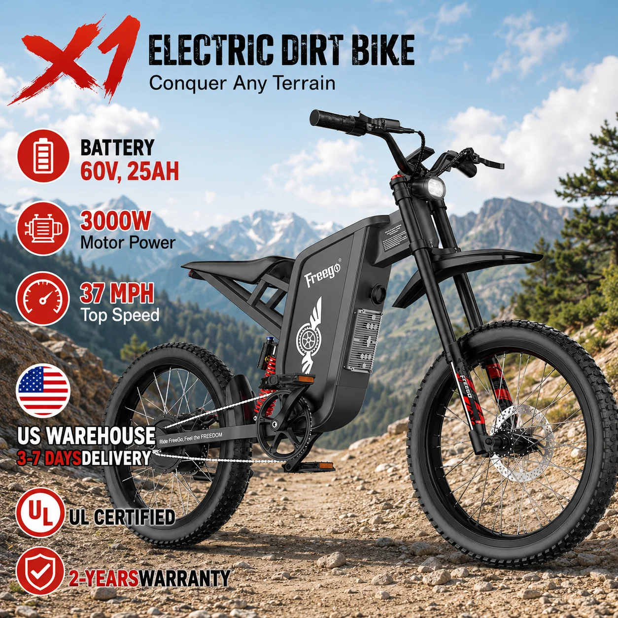 

Freego X1 Electric Bicycle Max Speed 37Mph/3000W Peak Motor 60V25Ah Battery Electric Dirt Bike 40 Miles Range 17X1.6 Tire ebike