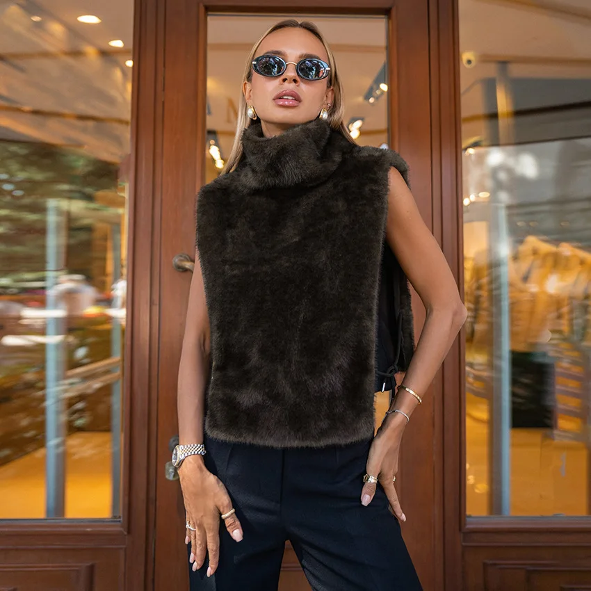 Women Faux Mink Fur Vests Coats Solid Fur Jackets Lace Up Cotton Linen Turtleneck Sleeveless Loose Fit Casual 2026 Autumn Winter