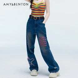 2024 New Casual Embroidery Retro Blue High Waist Skinny Wide Leg Jeans For Women
