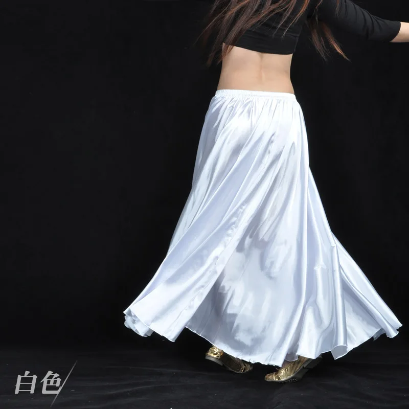 กระโปรงซาตินกระโปรงเต้นรำท้องกระโปรงสไตล์เลเซอร์หลากสีสำหรับการแสดงบนเวทีอุปกรณ์การเต้นของอุปกรณ์ประกอบการเต้น