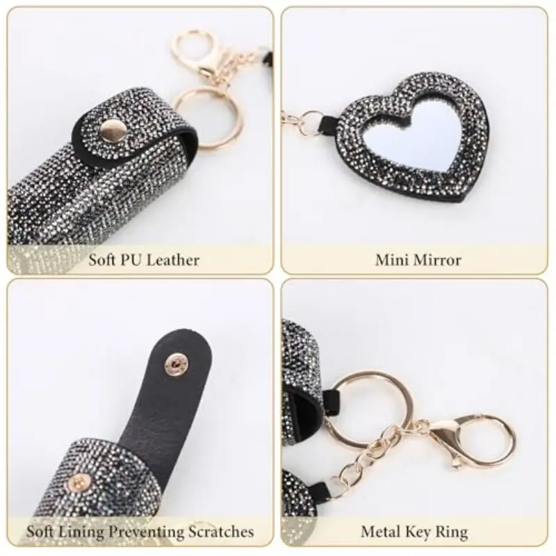 Lipstick Organizer Keychain, Rhinestone Lipstick Case with Mirror for Women, Portable Lipstick Leather Holder Lip Gloss Bag Lip