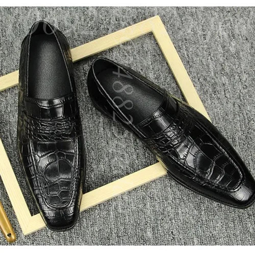 

Premium Men's Black Crocodile-Embossed Leather Loafers, Elegant Slip-On Silhouette, Sophisticated Pointed Toe Formal Footwear