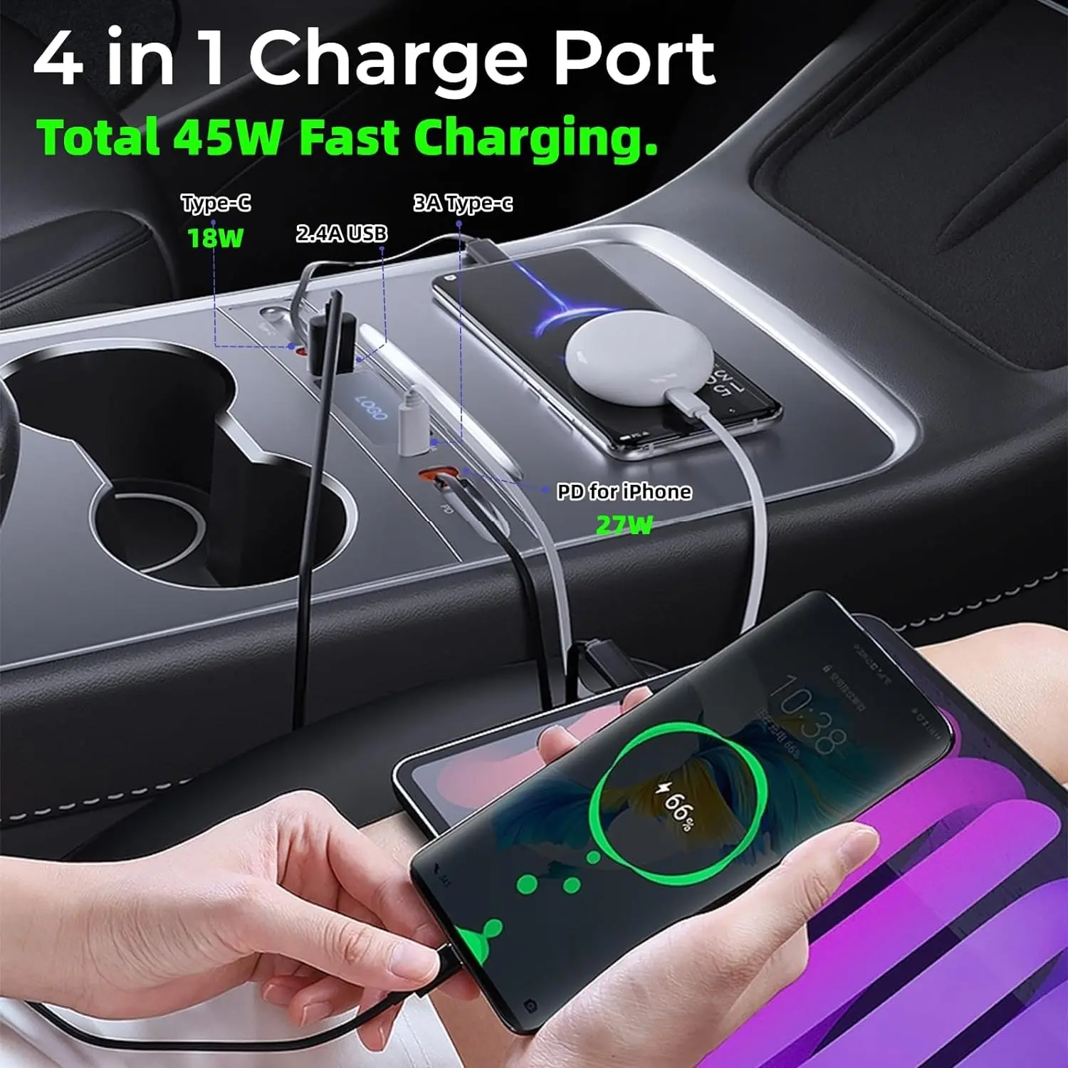 For Tesla Docking Station Intelligent 27W Quick Charger USB Shunt Hub For Model 3 Model Y Central Control Splitter 80cm line