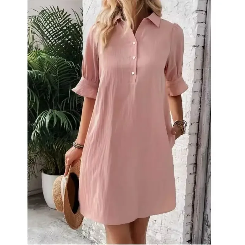 2025 Women Casual Shirt Dress Ruffle Sleeve Solid Color Button Down Shift Summer Dress With Pocket Spring Outfits Clothing Black