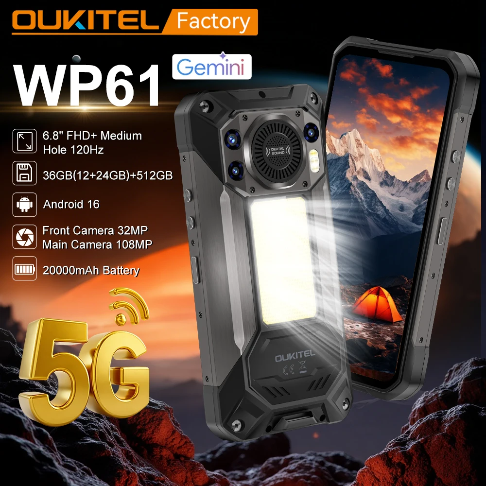 Global version WP61 Rugged Smartphone 5G FHD+Display 36GB(12+24)+512GB 20000mAh 108MP MTK Dimensity 7025 Android 16 Mobile Phone