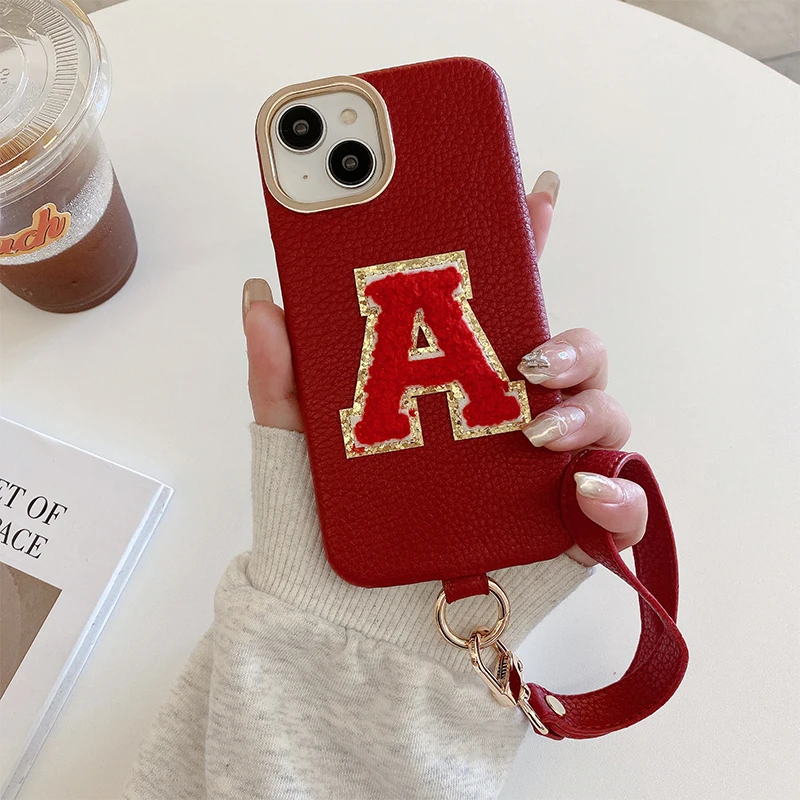 Personalized Embroidered Letter Name Initials Leather Phone Case for iPhone16 15 14 13 12 11ProMax 16Plus Short Rope Cover