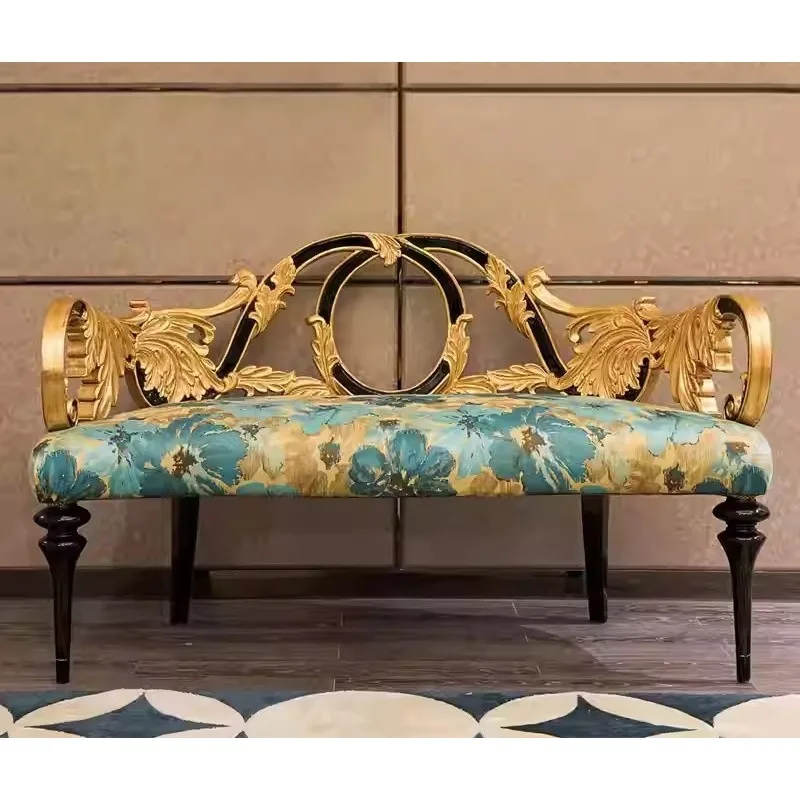 

European style bedside stool, leather bed bedside stool Neoclassical solid wood carving flower gold shoe changing stool furnitur