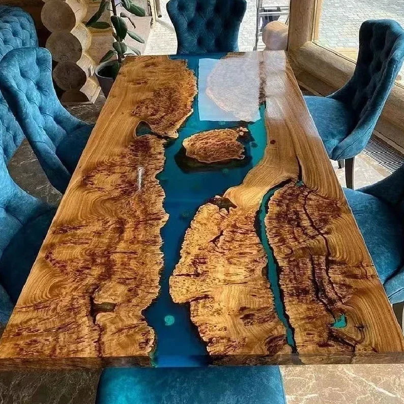 

Desktop Solid Wood Plate Irregular Epoxy Resin Riverside log Dining Table Creative Coffee Table Customizable Multi-size Optional