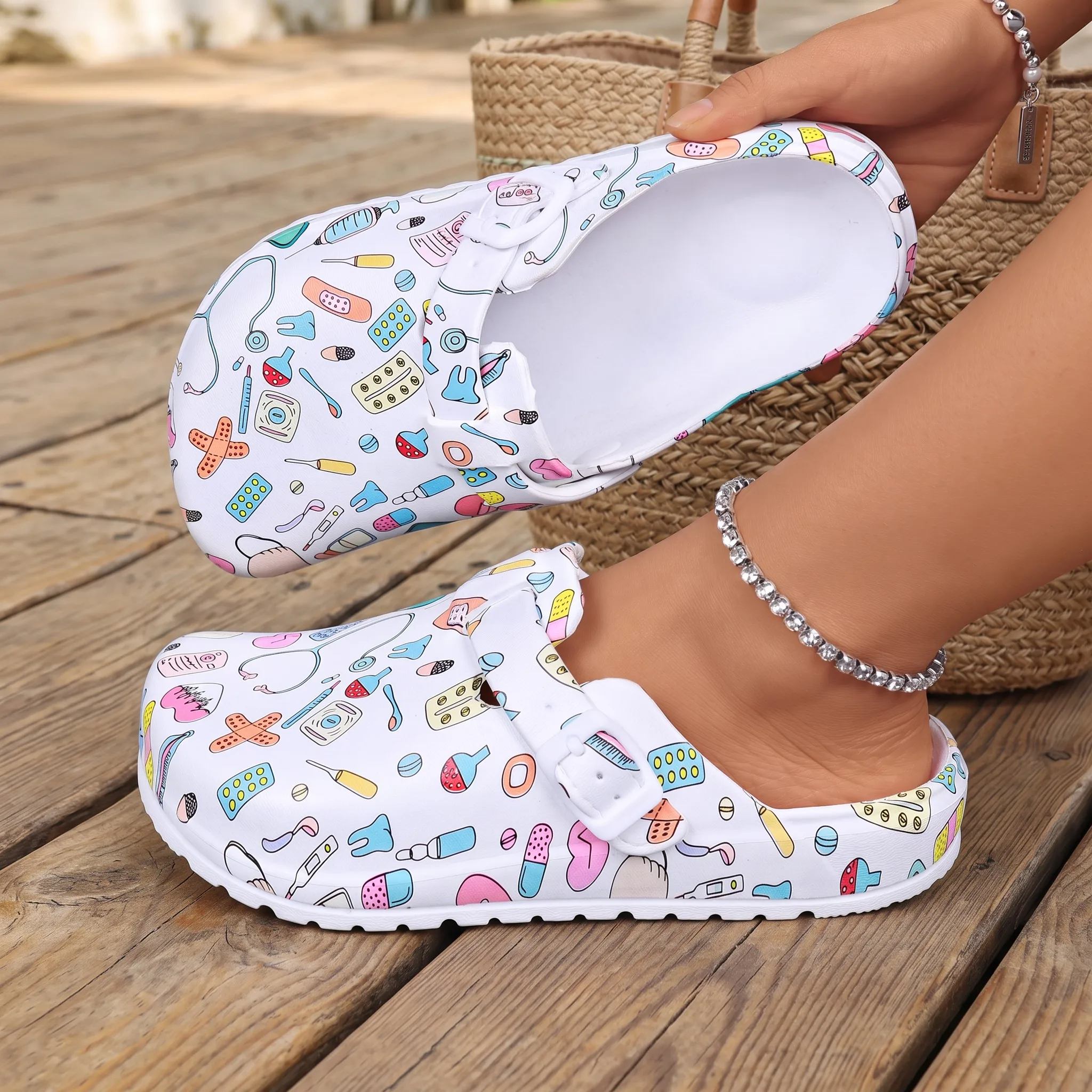 Women's Nursing Clogs Medical Print EVA Lightweight Closed Toe Hospital Clinic Healthcare Work Mules with Adjustable Buckle view 3