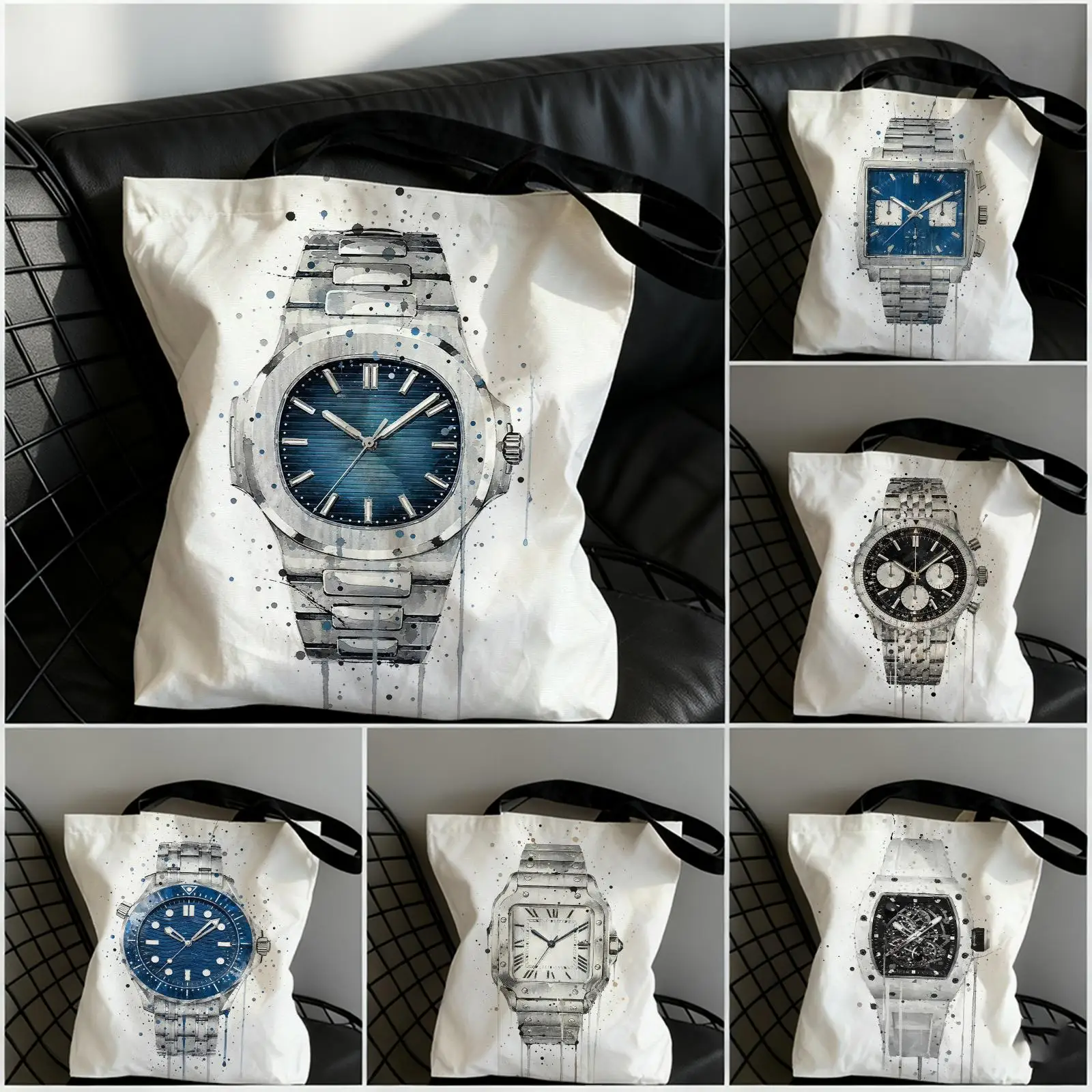 Creative Watch Designs Storage Bags Large Capacity Canvas Tote Bag Double-Sided Print Shoulder Handbag for Daily Shopping