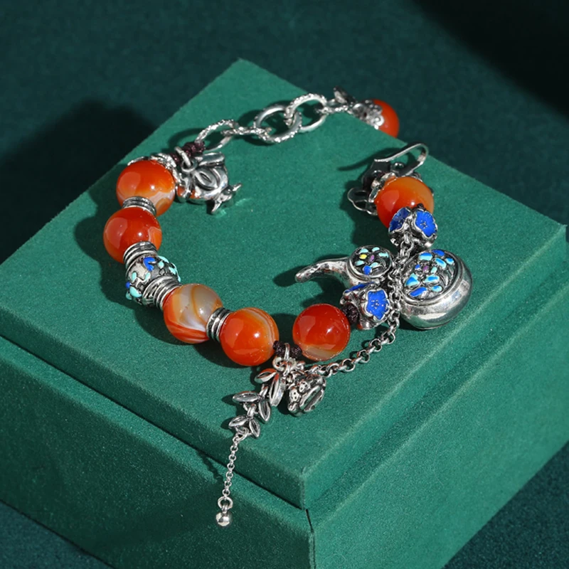 

Red Agate Beads Bracelet Vintage Blue Enamel Designer Calabash Jewelry Luxury Antique Silver Plated Accessories 2026 Women Decos