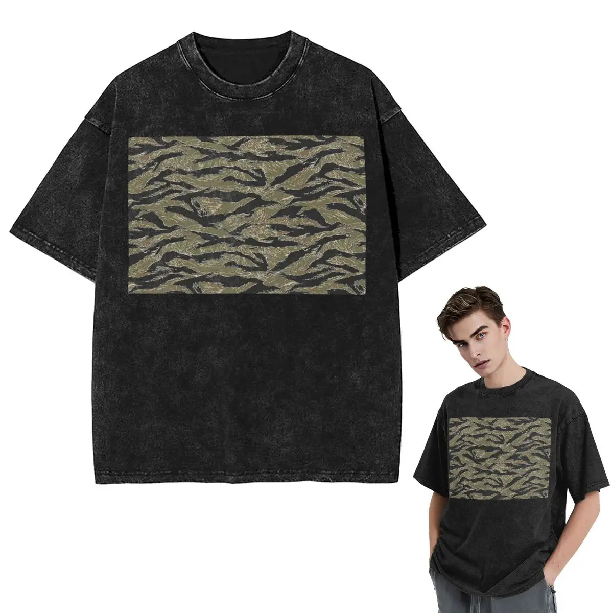 

Streetwear T-Shirts US Army Camouflage Tiger Stripe Washed T Shirt Short Sleeve Hip Hop T-Shirt Tops Tees for Men Women