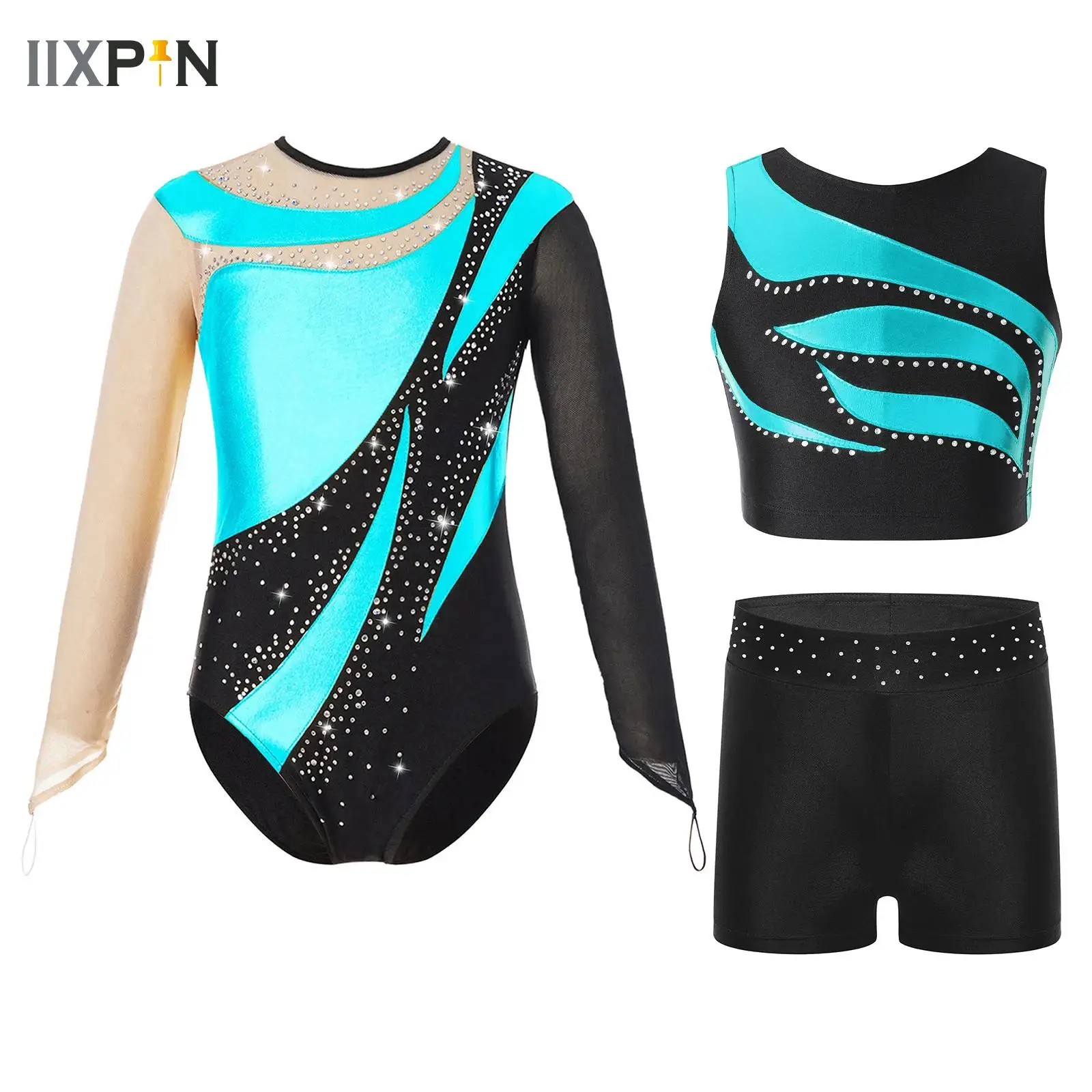

Kids Shiny Rhinestone Gymnastics Leotard Bodysuit Long Sleeve Dancewear Sets Ballet Outfit for Girls Figure Skating Jumpsuit