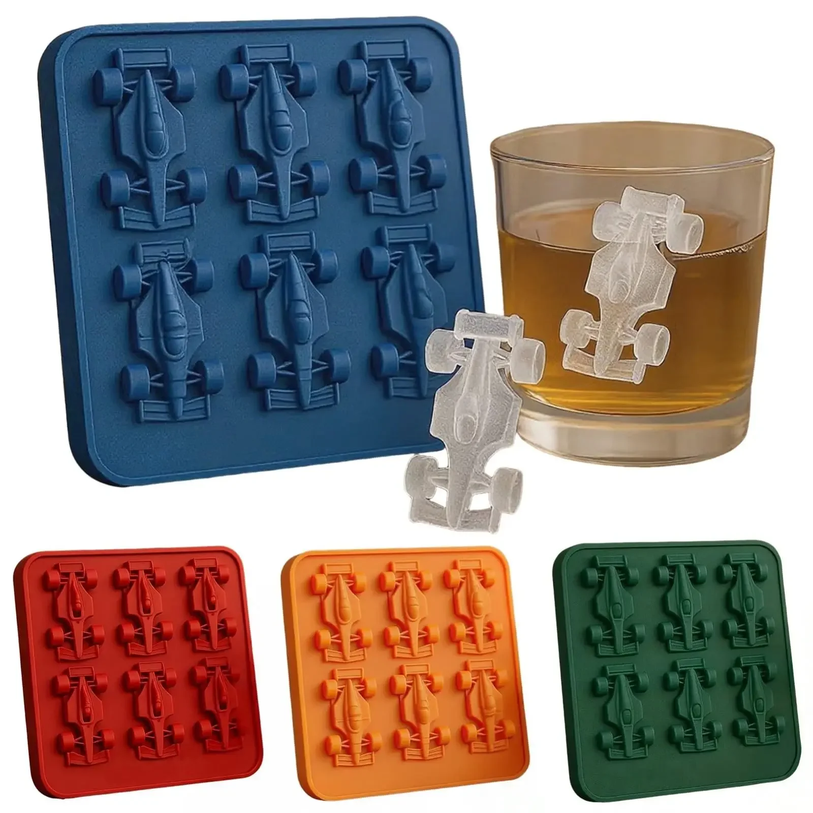 6-Cavity F1 Car Ice Cube Tray for Freezer Formula Racing Car Silicone Mold with Container
