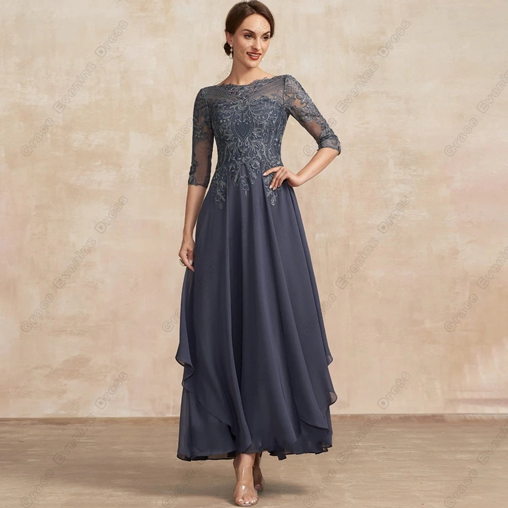 

Fashion Mother of Bride Dresses for Wedding Three Quarter 2023 Ankle Length Scoop Wedding Party Gowns with Lace Chiffon Robe