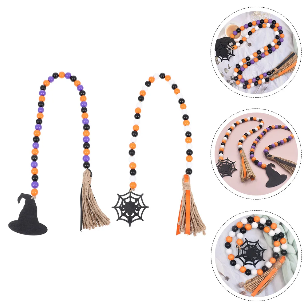 2 Pcs Halloween Tassel Beads Garland Wall Hanging Decor Home Crafts Decorative Tray Window Pendant Wood Rope Rustic Wooden