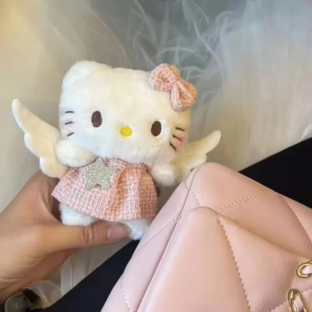 Hello Kitty Plush Doll Sanrio Fluffy Pendant Cute Kt Cat with Wings Schoolbag Hang Decor Stuffed Toys Keychain Kid Birthday Gift