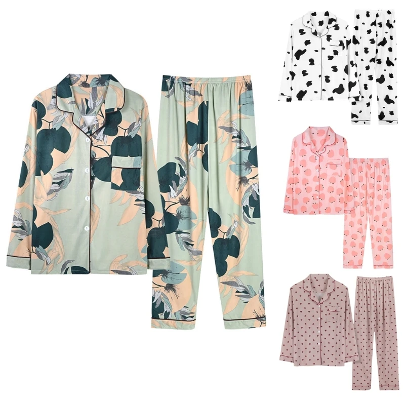 Colorful Printed Pajamas for Women Long Sleeve Sleepwear Lapel Button Down Shirts with Loose Pants Home Loungewear Set