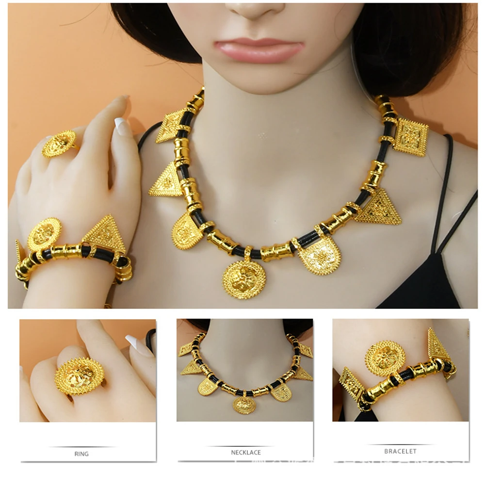 ESALE Dubai Fashion Gilded Jewelry Set Middle Eastern Bride Wedding Necklace Earrings Ring Bracelet Set of Four