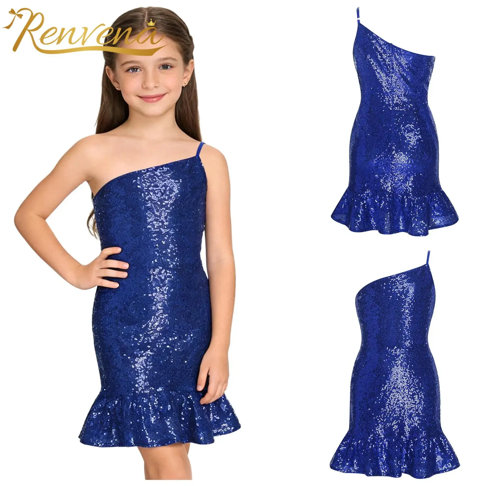 Kids Dress for Sequin Girls Wedding Party Gown Glittery Mini Dress Childs One Shoulder Bodycon Dress for Birthday Dance Costume