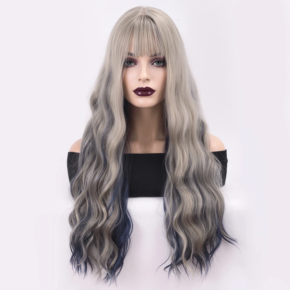 Cross Border Wig European and American Wig Gray Gradient Bangs Wavy Long Curly Hair-Synthetic Fiber Wig