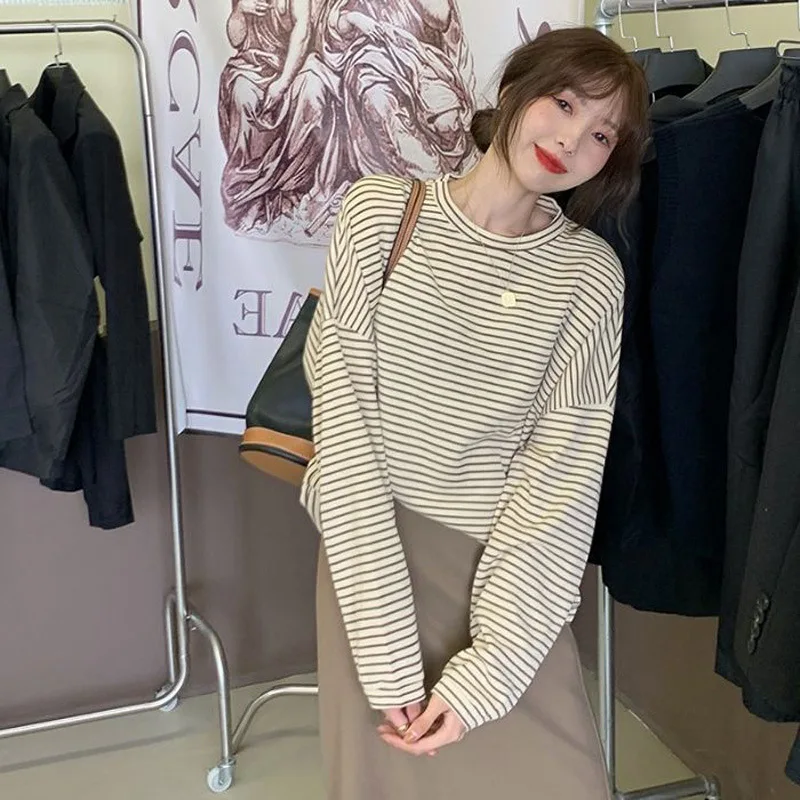 Women Striped Long-sleeve T-shirt Spring Autumn Girl Student Loose-fit Inner Top Top Woman Casual Long-sleeve Base Shirt Ladies