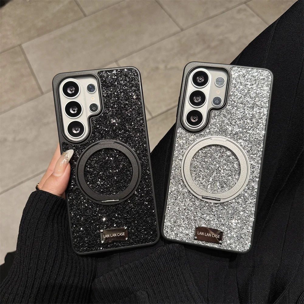 Luxury Glitter Glam Shimmer Phone Case for S26 Ultra Magnetic Rotatable Ring Stand Protective Cover for Samsung Galaxy S25 S24