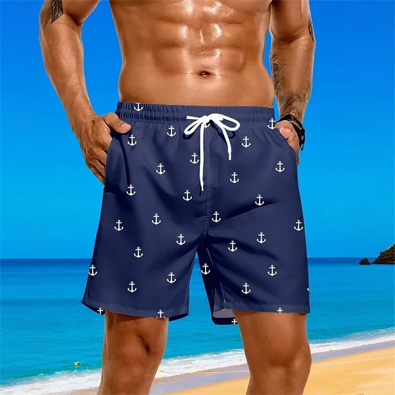 Summer trendy shorts, classic minimalist anchor full print beach shorts, beach casual 3D printed breathable solid color swimming