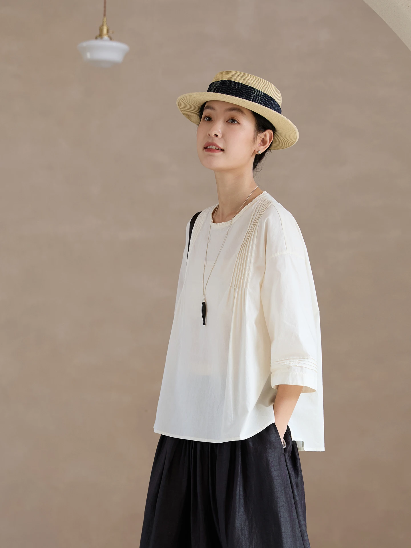 

Chantilly Snow Original 00% Cotton Zen round Ne Accordion Pleat oulder Drop 7 Sve Women's Top Comfortable Loose Fit