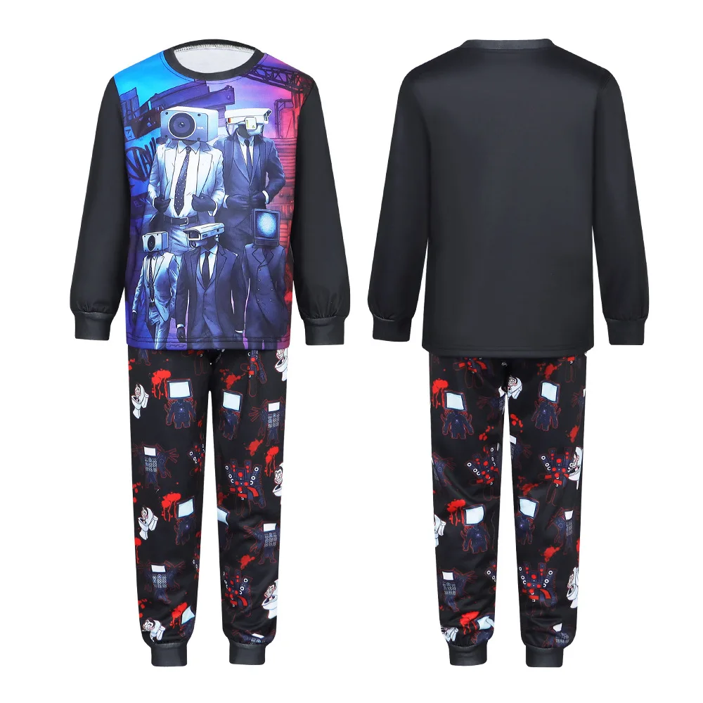 Skibidi Toilette Jungen Hemd Hose Set Langarm Kameramann TV Mann Cartoon Kind Pyjama Kostüm Halloween Cosplay