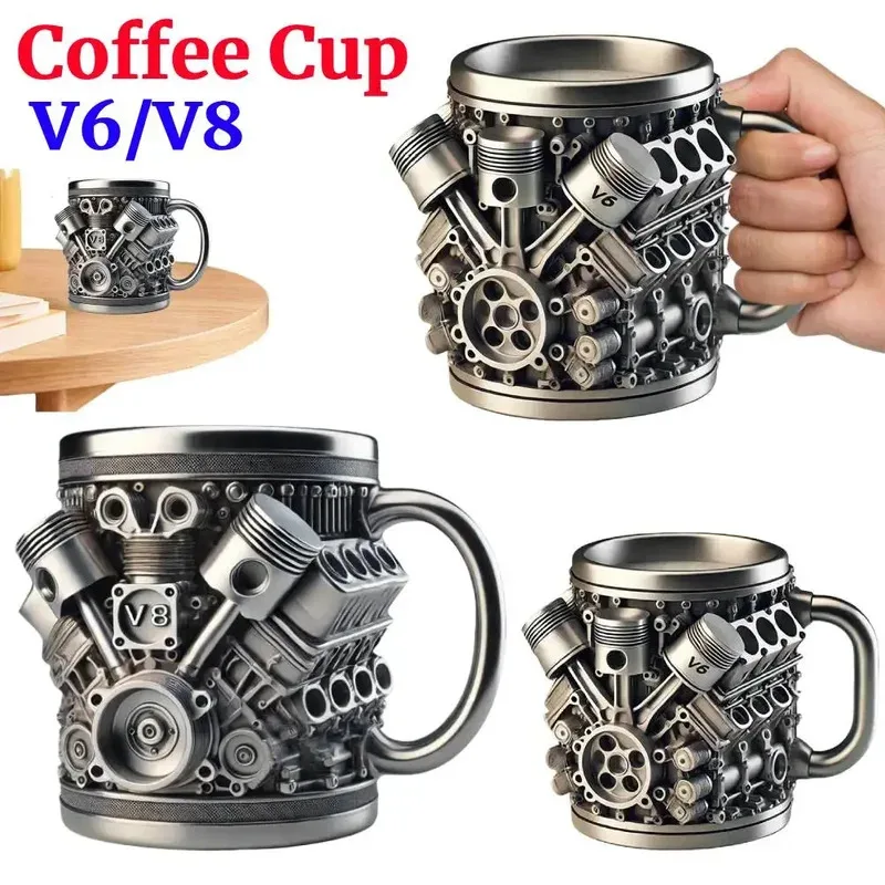 

TOPLIVING 450ML Unique Car Engine Coffee Cup V8/V6 Engines Coffee Mug Cocktail Mug Stainless Steel Handmade Drinking Mug for Men