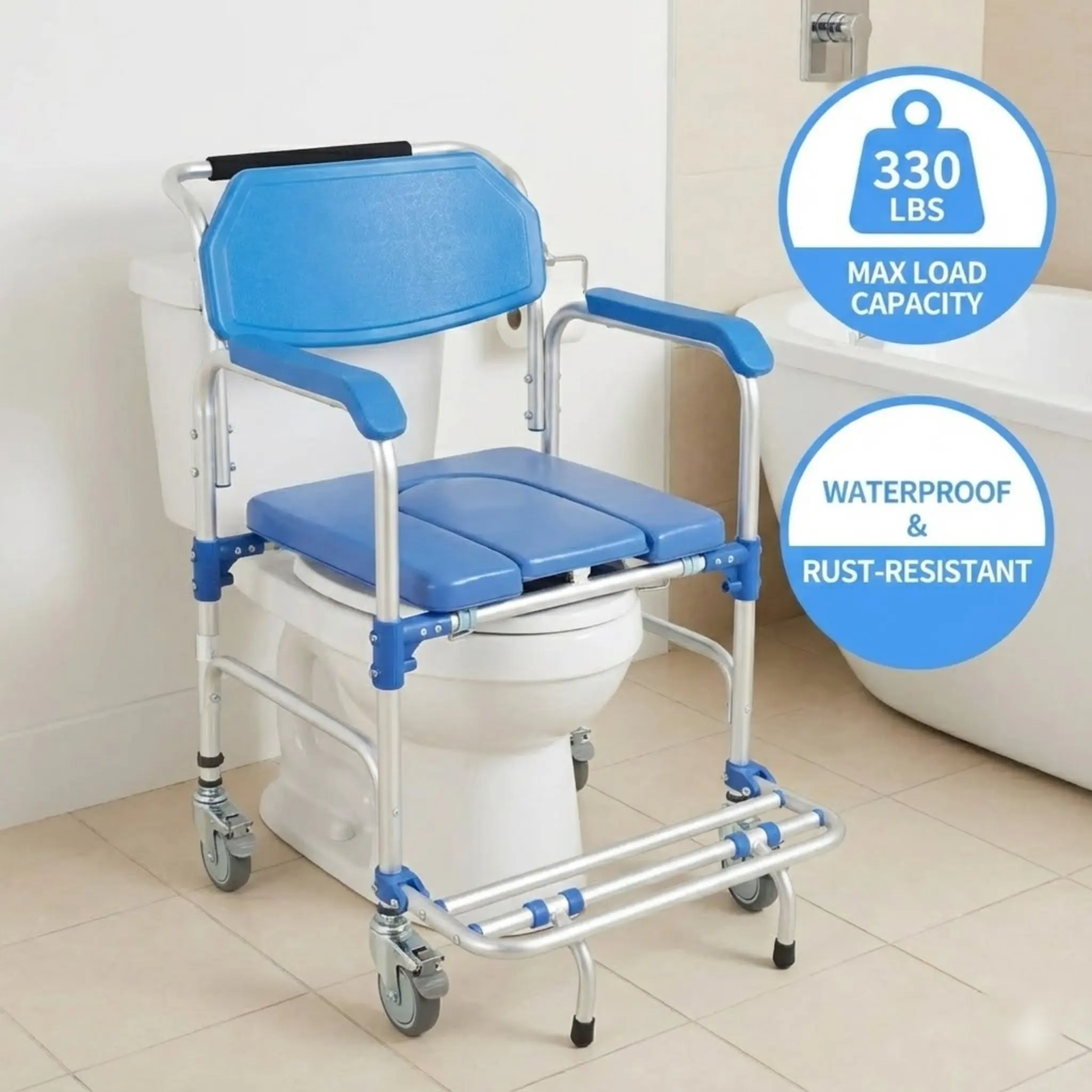 كرسي دش دوار مع مقعد مبطن بعجلات ودلو لكبار السن والمعاقين